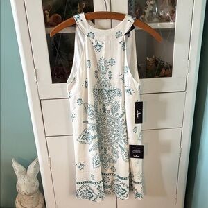 Lulus sz XS White and Teal Patterned Dress nwt ties at back of neck
